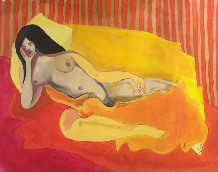 (c) Confais et le collectif de l’atelier aux Lilas - 2018 - habillée pour l’hiver - estampes sur toile peinte. 130 x 100 cm