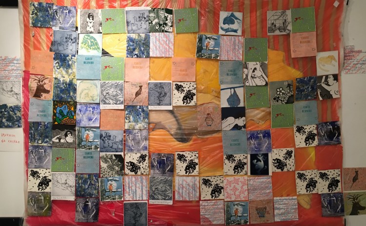 (c) Confais et le collectif de l’atelier aux Lilas - 2018 - habillée pour l’hiver - estampes sur toile peinte. 130 x 100 cm